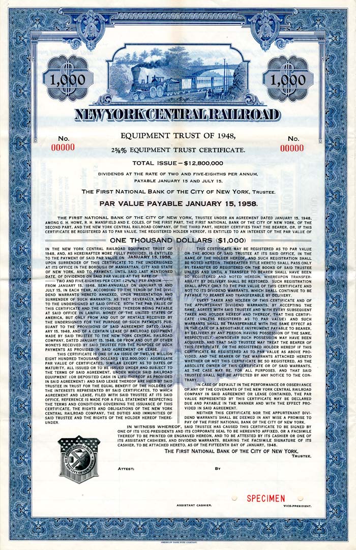 New York Central Railroad - Specimen Bond